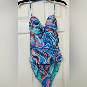 La Blanca  Swimsuit Tummy Control Aqua Coral Abstract One Piece Size 12